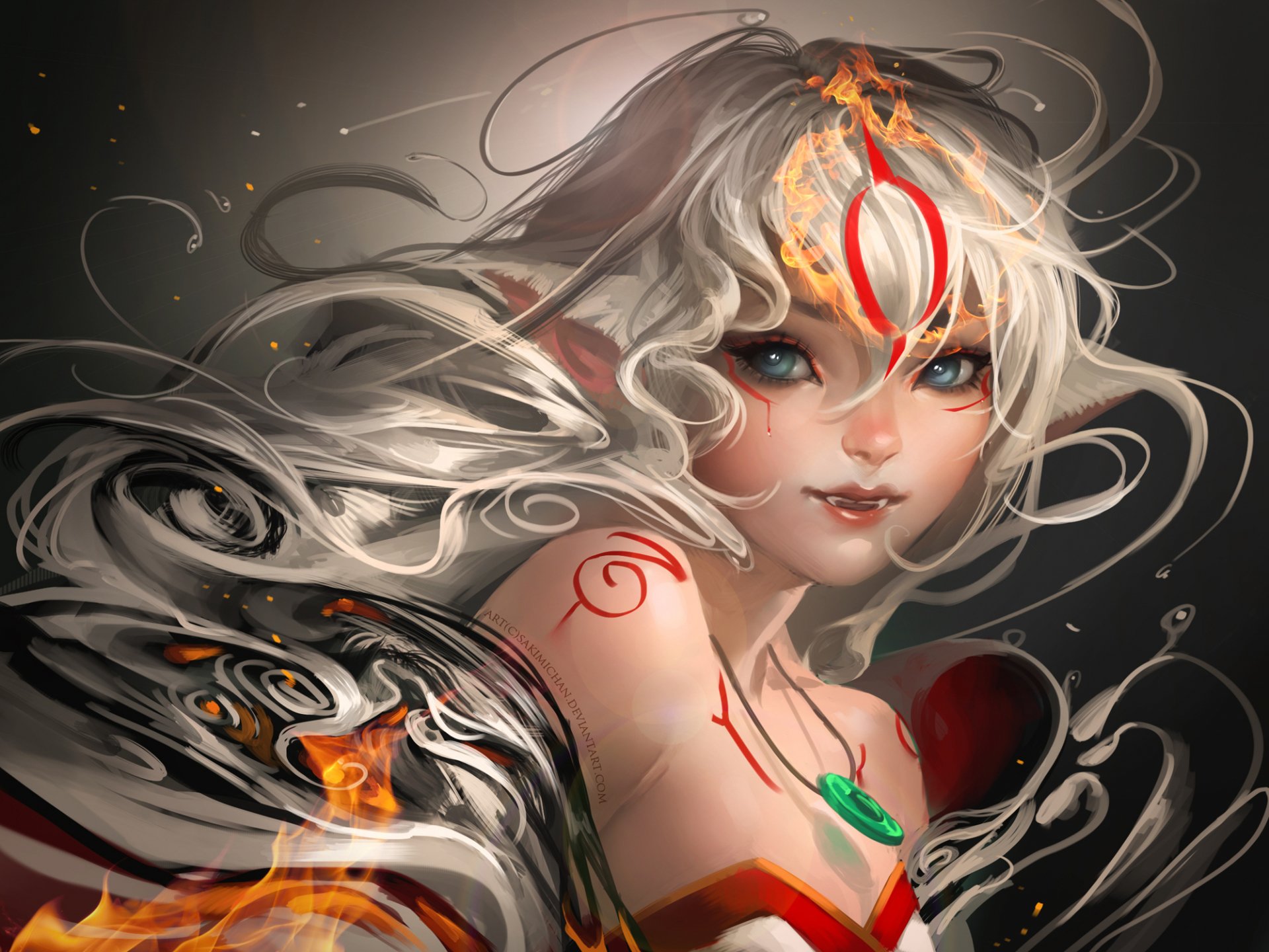 A stunning HD wallpaper featuring a character from the video game Ōkami, showcasing vibrant colors and intricate details that capture the game's artistic style.
