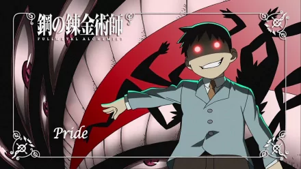 Anime wallpaper featuring Pride from Fullmetal Alchemist, showcasing a character with glowing eyes and a sinister smile against a dark, dramatic background.