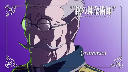 HD PC desktop wallpaper background: Fullmetal Alchemist anime portrait of General Grumman, close-up with round glasses, curled mustache and purple gradient backdrop.