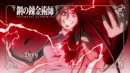 Envy from Fullmetal Alchemist features prominently in this HD desktop wallpaper, showcasing a dynamic pose amidst striking red lightning effects.