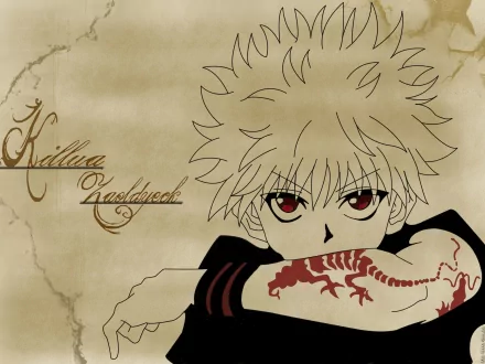 HD desktop wallpaper featuring Killua Zoldyck from Hunter x Hunter. Killua is depicted with his arm raised, displaying a red dragon tattoo, against a sepia-toned background with elegant script.