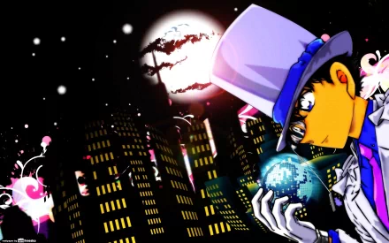 A vibrant HD desktop wallpaper featuring Kaito Kid from Magic Kaito and Detective Conan, showcasing him in a stylish pose against a city skyline with a dramatic moonlit backdrop.