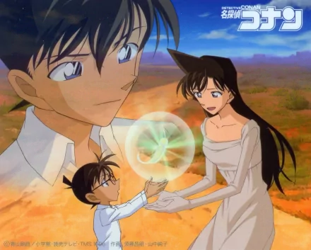 A vibrant HD desktop wallpaper featuring Ran Mouri and Shinichi Kudo from Detective Conan, with Conan Edogawa interacting with a glowing orb, set against a beautiful background.