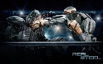 A dynamic HD wallpaper from the movie Real Steel, featuring intense robot boxing action with sparks flying as two robotic contenders engage in combat.