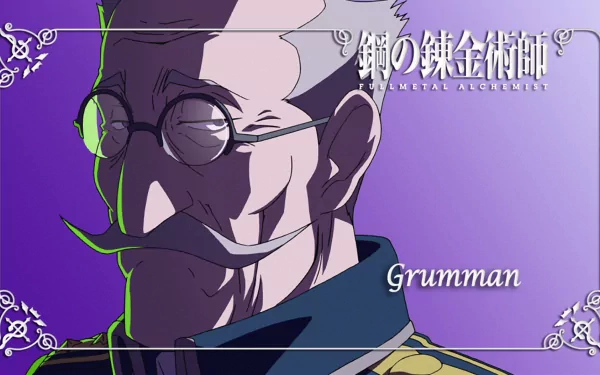 HD PC desktop wallpaper background: Fullmetal Alchemist anime portrait of General Grumman, close-up with round glasses, curled mustache and purple gradient backdrop.