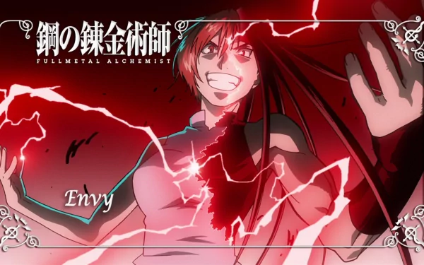 Envy from Fullmetal Alchemist features prominently in this HD desktop wallpaper, showcasing a dynamic pose amidst striking red lightning effects.