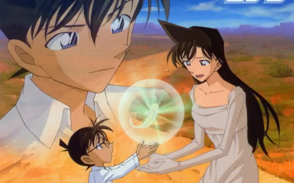 A vibrant HD desktop wallpaper featuring Ran Mouri and Shinichi Kudo from Detective Conan, with Conan Edogawa interacting with a glowing orb, set against a beautiful background.