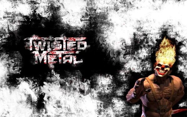 HD wallpaper featuring imagery from the video game Twisted Metal, showcasing a fierce character with fiery hair against a dark, textured background.