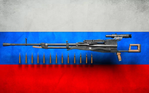 HD desktop wallpaper featuring a man-made machine gun with bullets aligned beneath it, set against a background resembling the Russian flag.