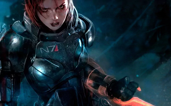 Commander Shepard stands ready for battle in this HD wallpaper from Mass Effect 3, showcasing her determined expression and iconic N7 armor against a dramatic background.