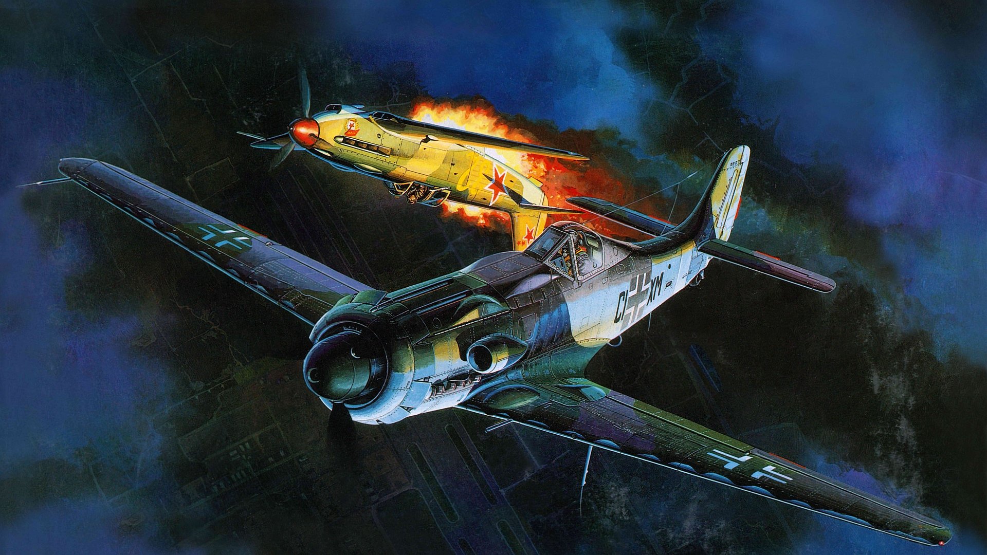 HD desktop wallpaper depicting two military aircraft in intense aerial combat during nighttime.