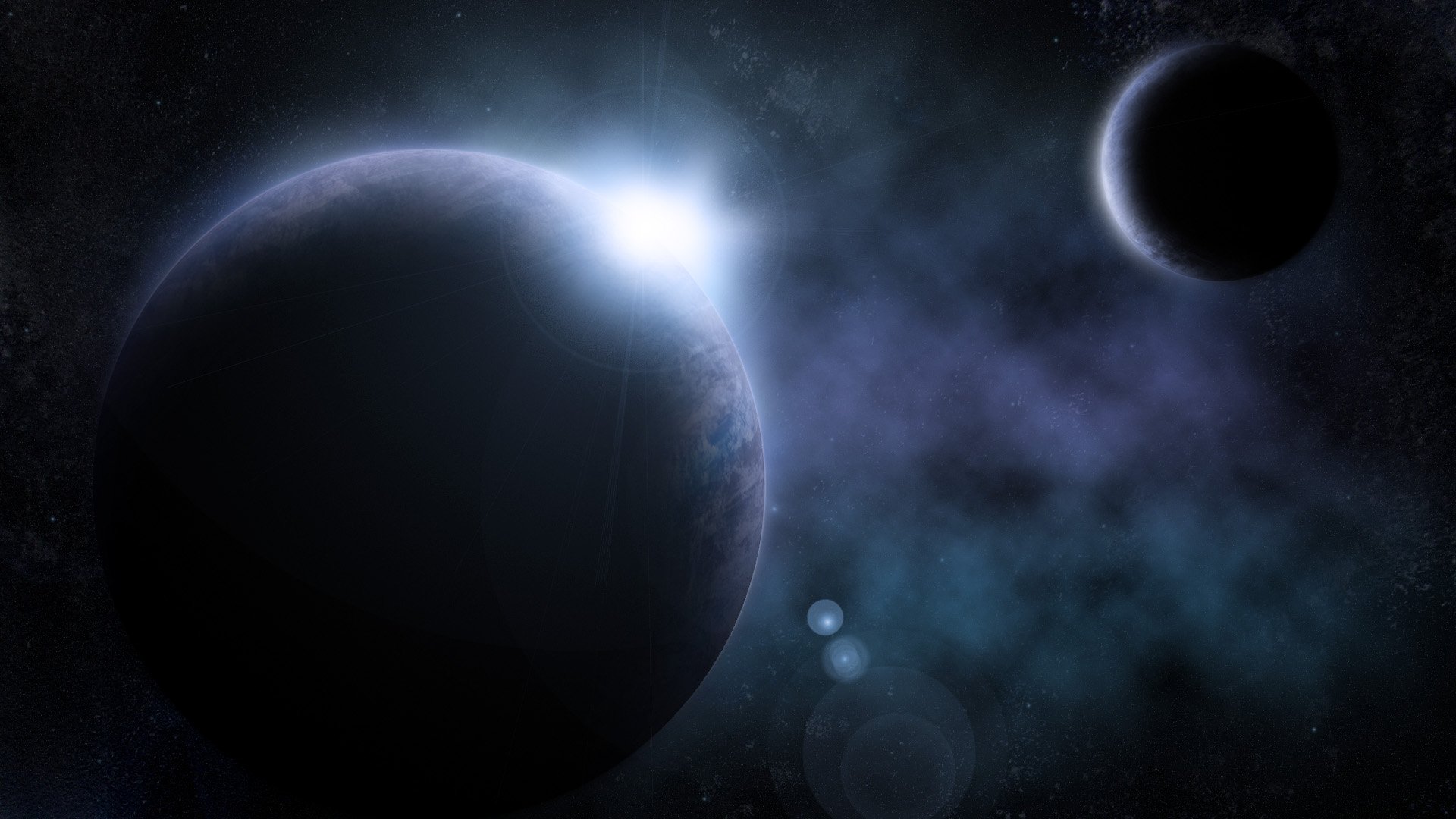 Surreal Sci‑Fi HD desktop wallpaper of a purple‑blue galaxy: a glowing star sunrise casts light on a large planet with a smaller moon drifting in deep space.