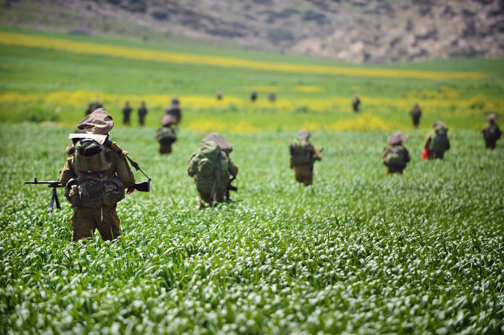 HD PC desktop wallpaper showing soldiers in military gear walking through a green field with hills in the background.