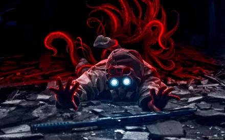 A comic-style illustration featuring a figure in a gas mask, crawling on a debris-strewn floor, with glowing eyes and tentacles emerging in a dark, atmospheric setting.