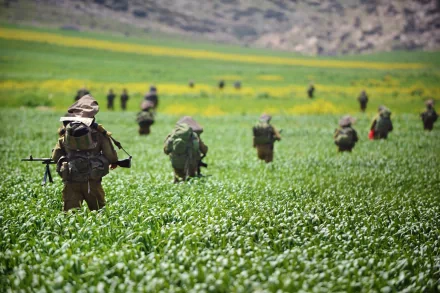 HD PC desktop wallpaper showing soldiers in military gear walking through a green field with hills in the background.