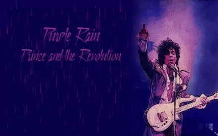 HD PC desktop wallpaper featuring Prince performing with a guitar, accompanied by the text Purple Rain Prince and the Revolution against a purple rainy background.