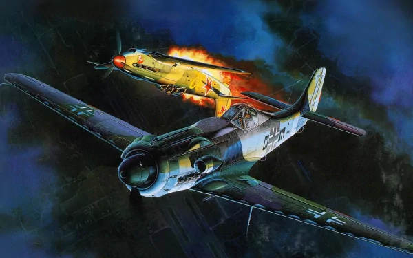 HD desktop wallpaper depicting two military aircraft in intense aerial combat during nighttime.