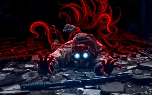 A comic-style illustration featuring a figure in a gas mask, crawling on a debris-strewn floor, with glowing eyes and tentacles emerging in a dark, atmospheric setting.