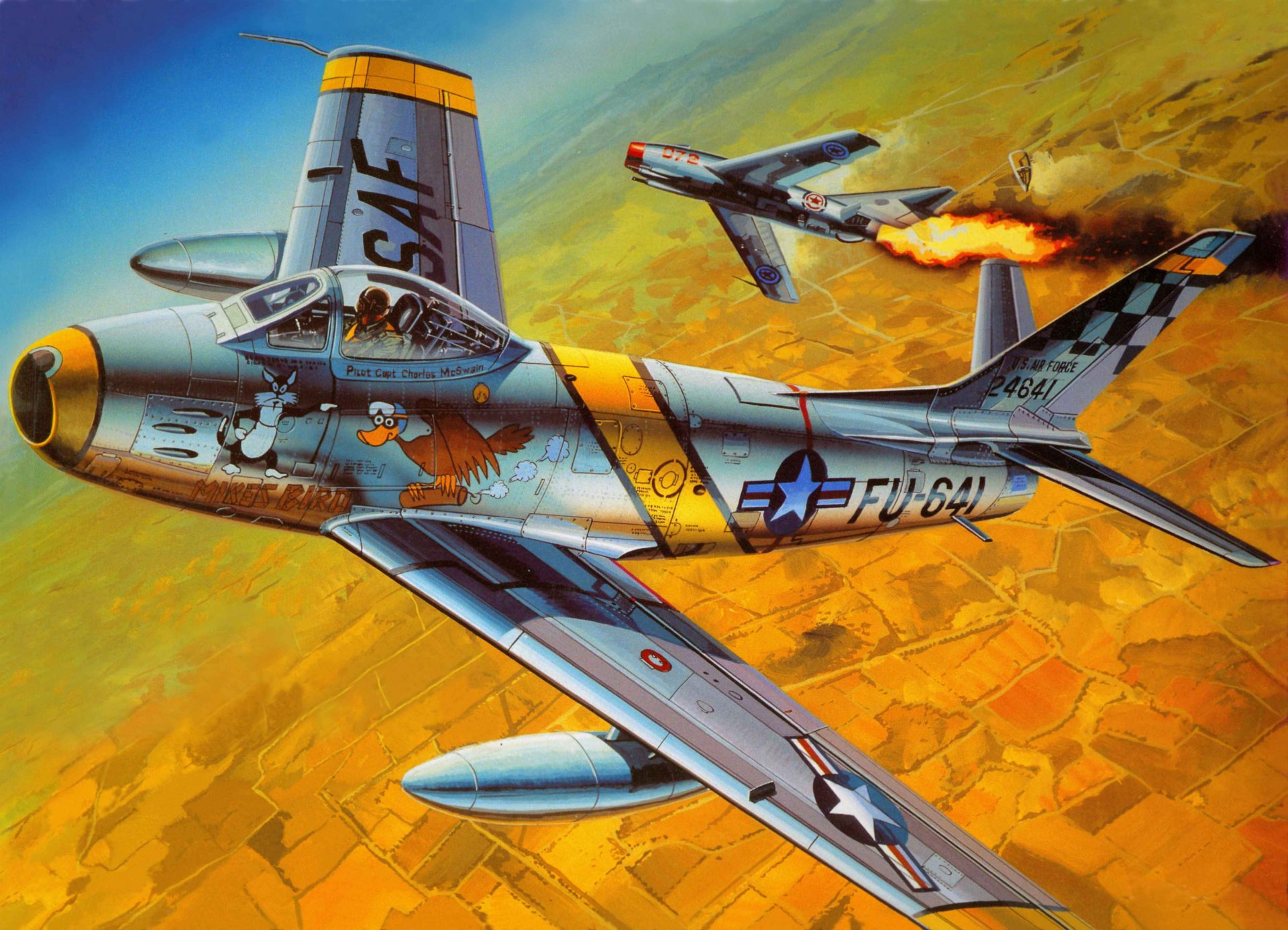 4K Ultra HD military aircraft wallpaper featuring two detailed fighter jets soaring over a patchwork landscape at sunset.