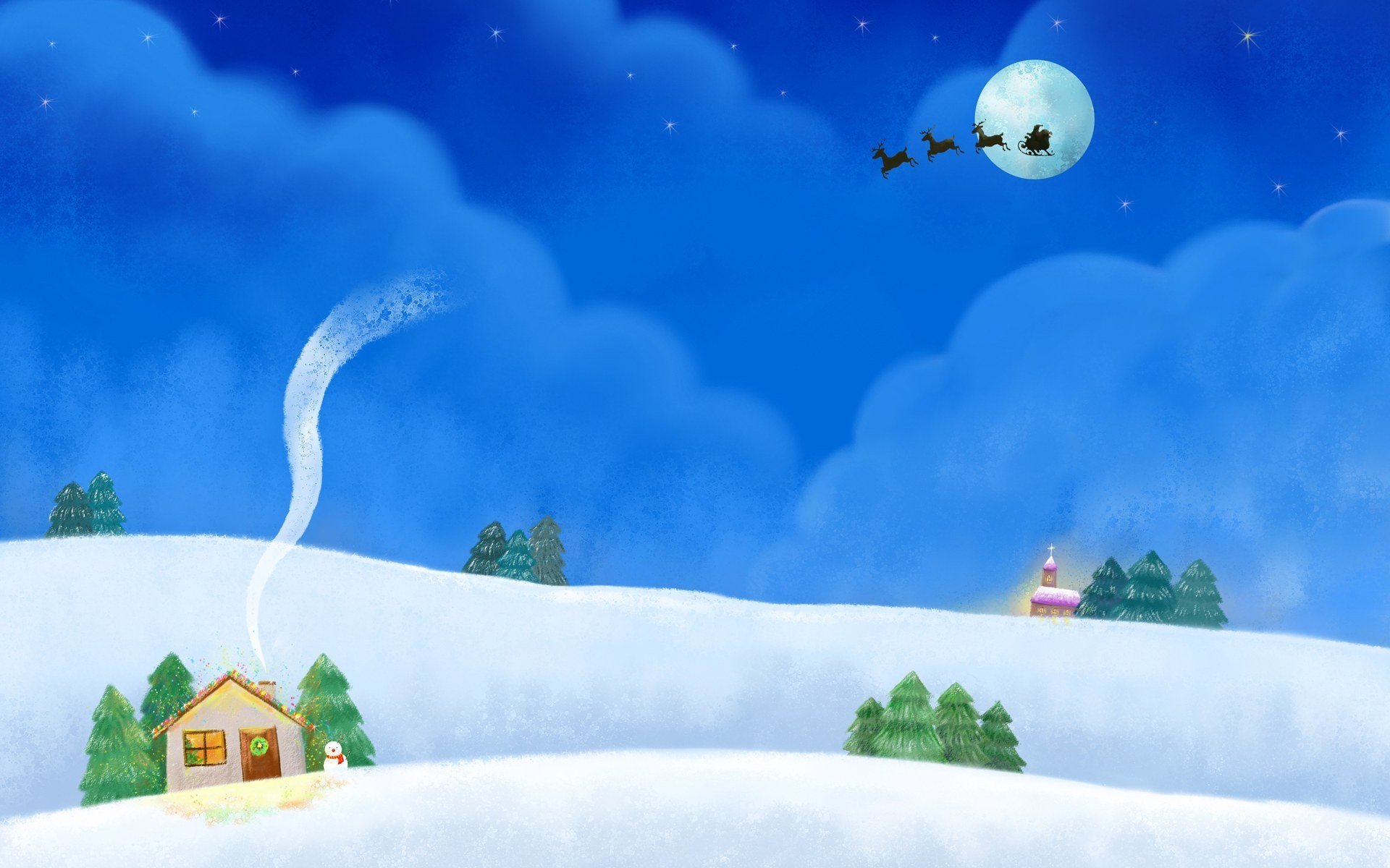 HD Christmas-themed PC desktop wallpaper showing a snowy landscape with a cabin, pine trees, a glowing moon, and Santa’s sleigh flying across a starry night sky.
