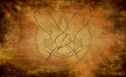 A striking 4K Ultra HD wallpaper inspired by the Assassin's Creed video game, featuring crossed arms holding hidden blades against a textured background with the iconic logo.