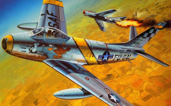 4K Ultra HD military aircraft wallpaper featuring two detailed fighter jets soaring over a patchwork landscape at sunset.