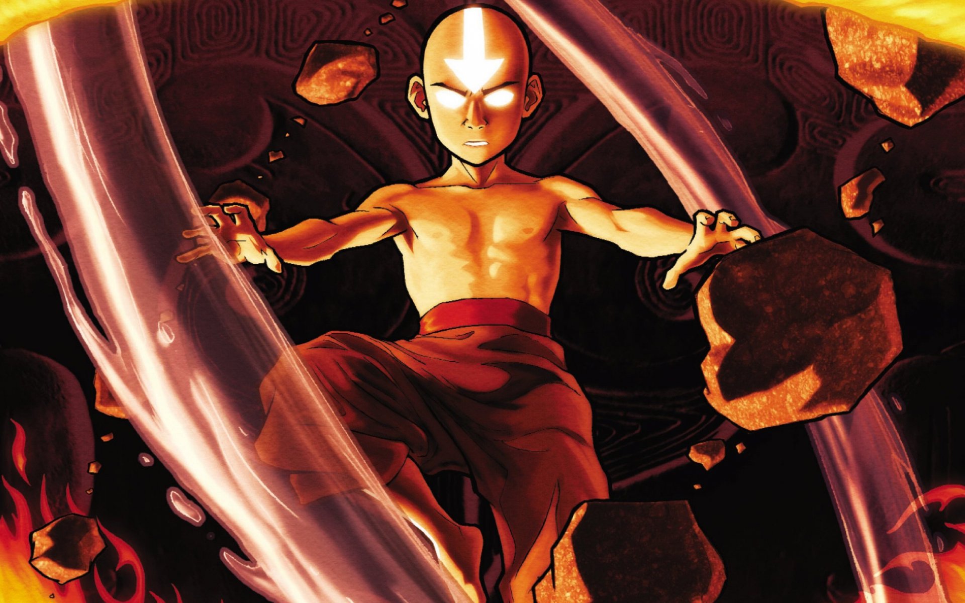 A dynamic HD desktop wallpaper featuring an intense scene from Avatar: The Last Airbender, showcasing Aang manipulating elements with powerful energy.