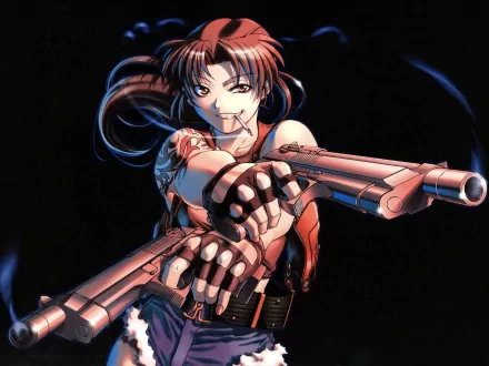 Anime Black Lagoon HD PC desktop wallpaper — Revy aiming twin pistols, cigarette in her mouth, fierce smirk and windswept hair against a dark background.