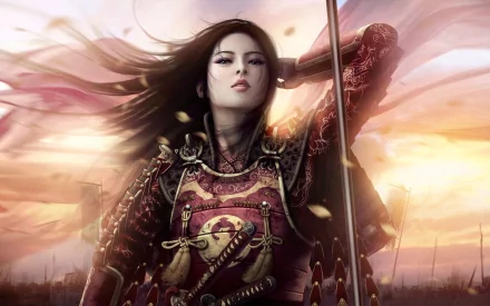 HD desktop wallpaper featuring a samurai warrior from Legend of the Five Rings. The Asian fantasy character stands confidently in intricate armor with a dynamic sky background.