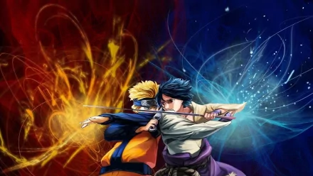 HD desktop wallpaper featuring Sasuke Uchiha and Naruto Uzumaki from the anime Naruto, showcasing an intense battle with fiery and electric energy backgrounds.
