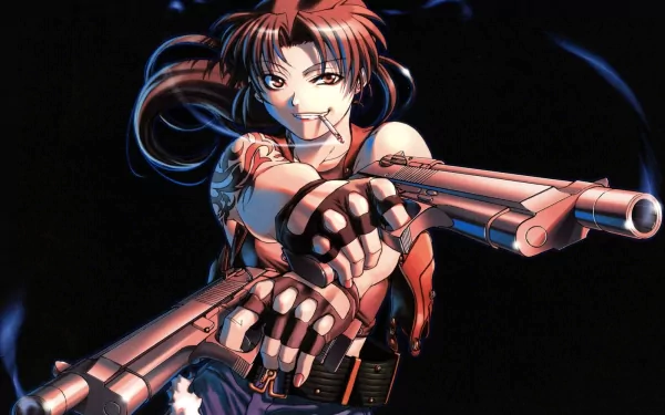 Anime Black Lagoon HD PC desktop wallpaper — Revy aiming twin pistols, cigarette in her mouth, fierce smirk and windswept hair against a dark background.