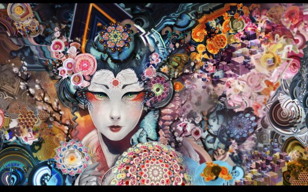 Artístico Oriental Geisha Colorful Fondo de pantalla HD | Fondo de Escritorio