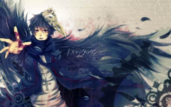 HD desktop wallpaper featuring an anime character from Guilty Crown, with dark hair and a dramatic pose, set against an abstract background.