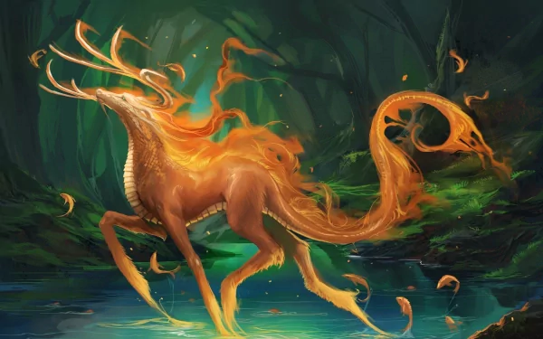 A fantastical, flame-like creature stands gracefully by a shimmering pool in a vibrant forest, showcasing rich colors and intricate details in this HD fantasy animal wallpaper.
