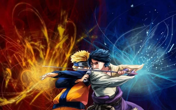 HD desktop wallpaper featuring Sasuke Uchiha and Naruto Uzumaki from the anime Naruto, showcasing an intense battle with fiery and electric energy backgrounds.