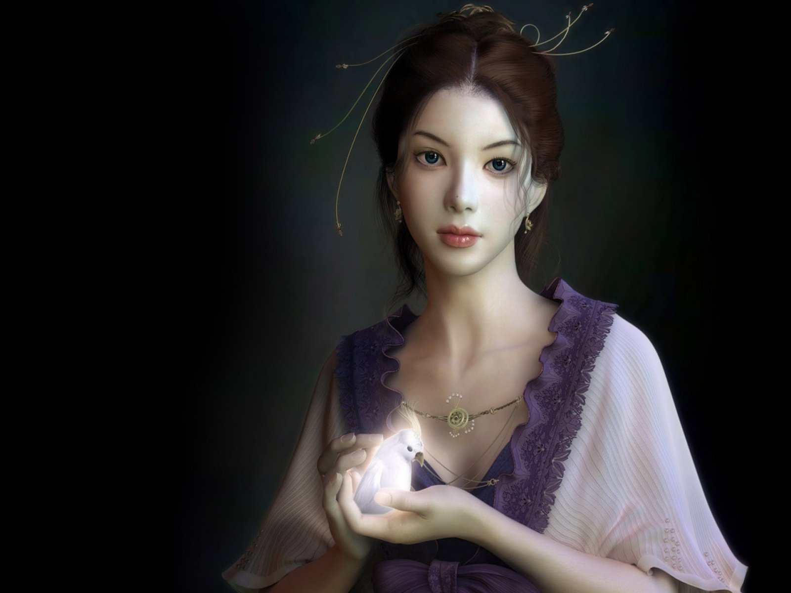 A fantasy-inspired woman in an elegant outfit holds a glowing orb, surrounded by soft shadows. Eastern aesthetics complement the ethereal scene with a bird subtly present in the background.