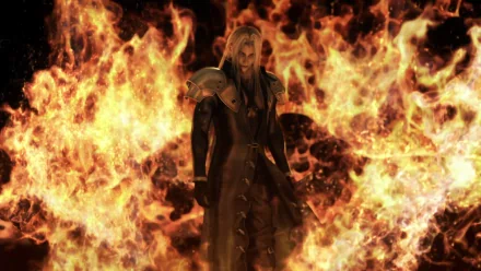 Sephiroth from Final Fantasy VII: Advent Children stands confidently among roaring flames, creating a striking HD desktop wallpaper backdrop for fans of anime and gaming.