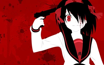 HD PC desktop wallpaper featuring a stylized anime character from The Melancholy of Haruhi Suzumiya with a red and black color scheme.