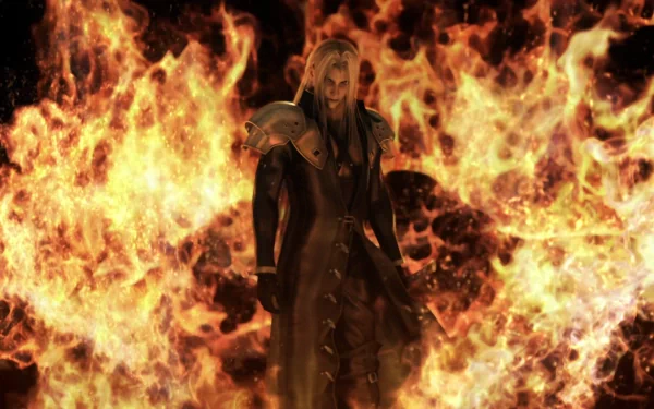 Sephiroth from Final Fantasy VII: Advent Children stands confidently among roaring flames, creating a striking HD desktop wallpaper backdrop for fans of anime and gaming.