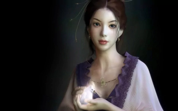 A fantasy-inspired woman in an elegant outfit holds a glowing orb, surrounded by soft shadows. Eastern aesthetics complement the ethereal scene with a bird subtly present in the background.