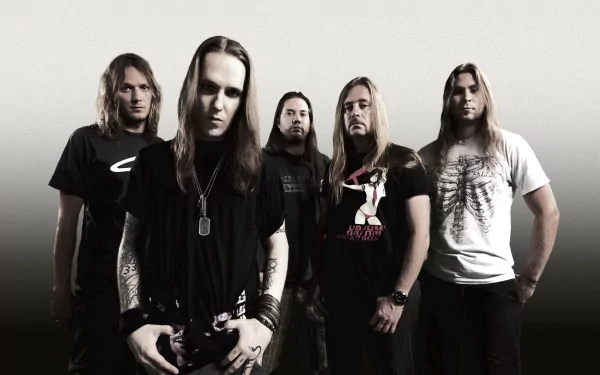 Children Of Bodom poses for a dramatic HD wallpaper, showcasing their heavy metal and thrash metal style, embodying the intense energy of death metal music.
