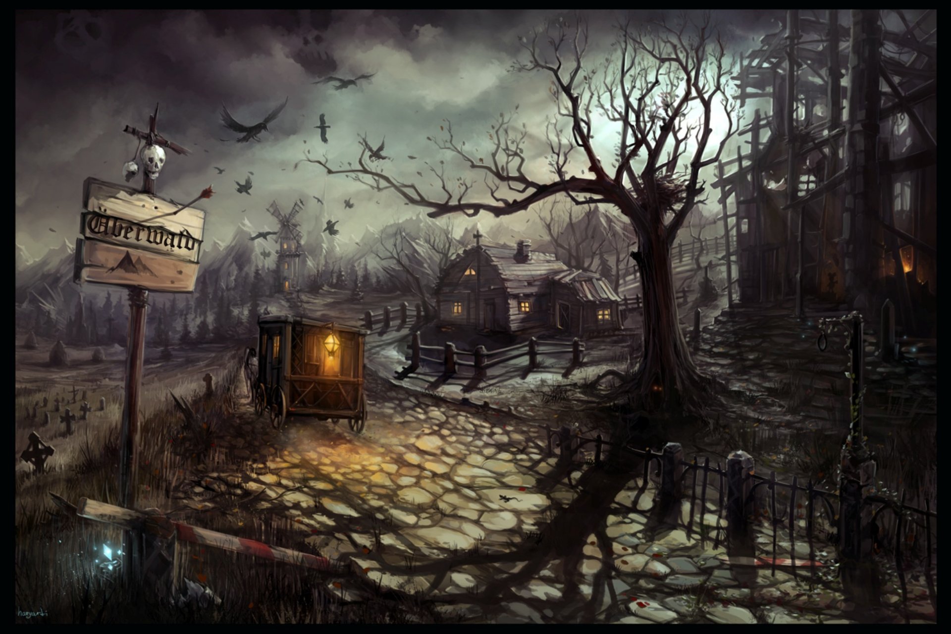 Download Night Creepy Crow Windmill House Tree Dark Haunted  HD Wallpaper by "Haryarti" (Igor Arti)