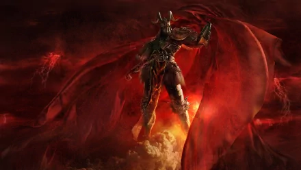 A dark, red fantasy scene featuring a powerful demon clad in armor, surrounded by flames and ominous clouds, embodying the essence of Warhammer’s hellish realms.
