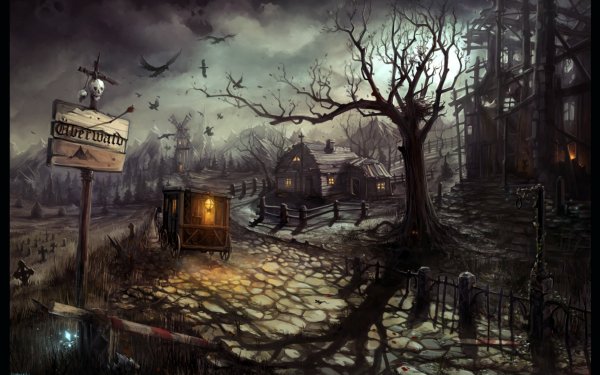 Dark Haunted Tree House Windmill Crow Creepy Night HD Wallpaper | Background Image
