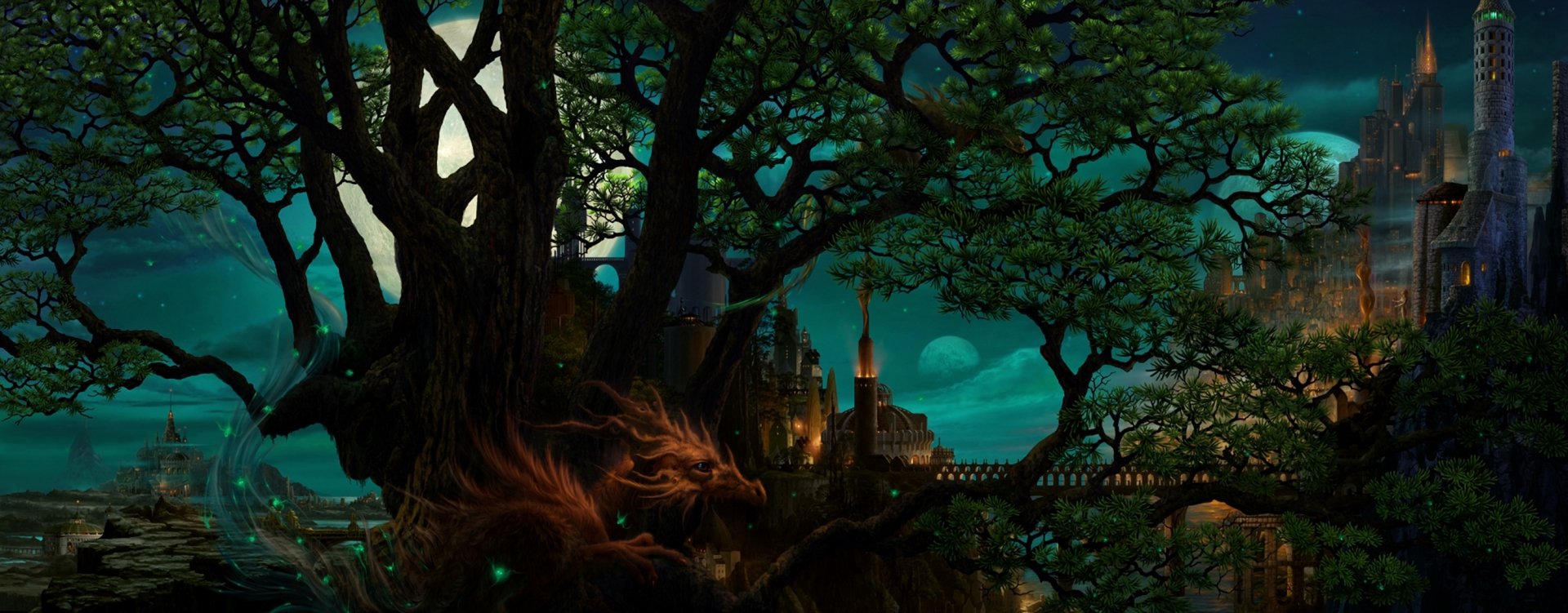 A mystical forest scene featuring a grand castle, infused with fantasy elements. Artistic portrayal by Kazamasa Uchiu, creating an enchanting HD desktop wallpaper.