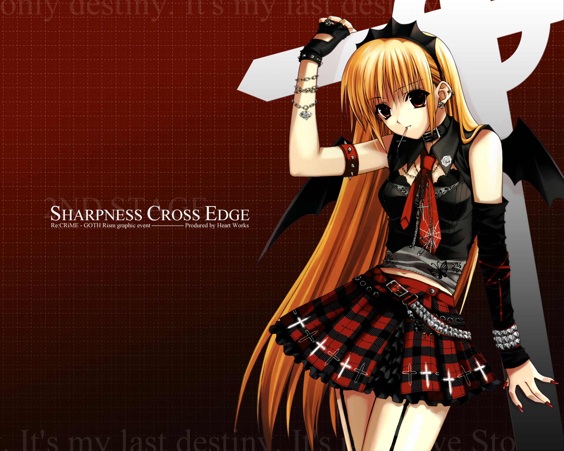 HD desktop wallpaper featuring an anime character from Re:Crime. The character is dressed in punk attire with a red plaid skirt and a black top, against a red background with the text Sharpness Cross Edge.