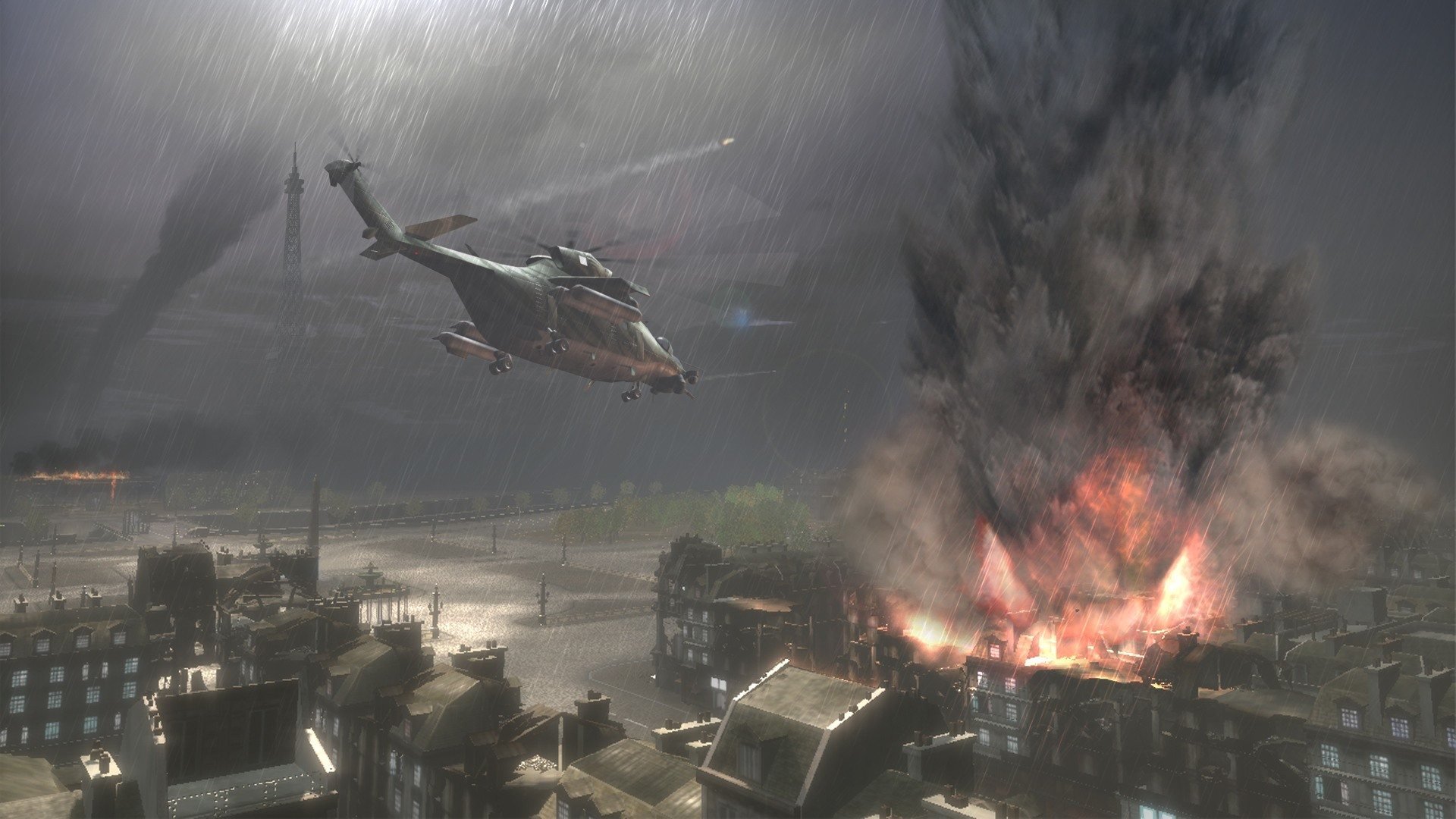 HD PC desktop wallpaper of Tom Clancy's EndWar video game, featuring a military helicopter flying over a city with a massive explosion and smoke rising in the background.