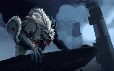 HD desktop wallpaper featuring Warwick, the werewolf champion from League of Legends, poised menacingly against a dark, foggy background.