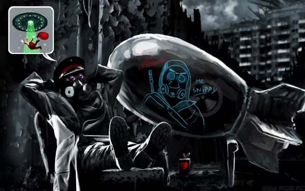 HD PC desktop wallpaper from the comic Romantically Apocalyptic showing a relaxed figure in gas mask gear sitting beside a futuristic aircraft in a dark, post-apocalyptic cityscape.