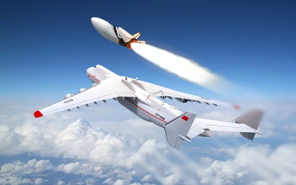 HD desktop wallpaper featuring the Antonov AN-225 Mriya aircraft carrying a Russian space shuttle, soaring above the clouds in a clear blue sky.